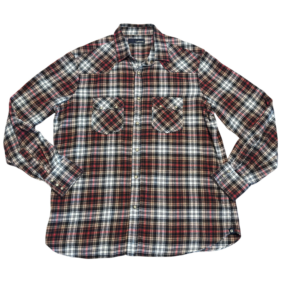 LARDINI Western Flannel Shirt Mens 44 17.5 Italy Snap Button Red Brown IRSERGIO